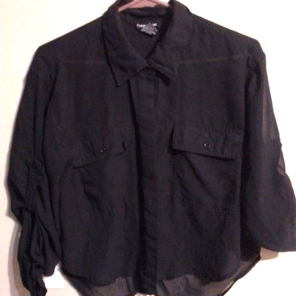 Cotton Express Black Blouse Size Medium 3/4 Sleeves Botton Down Exc Cond - Picture 2 of 5